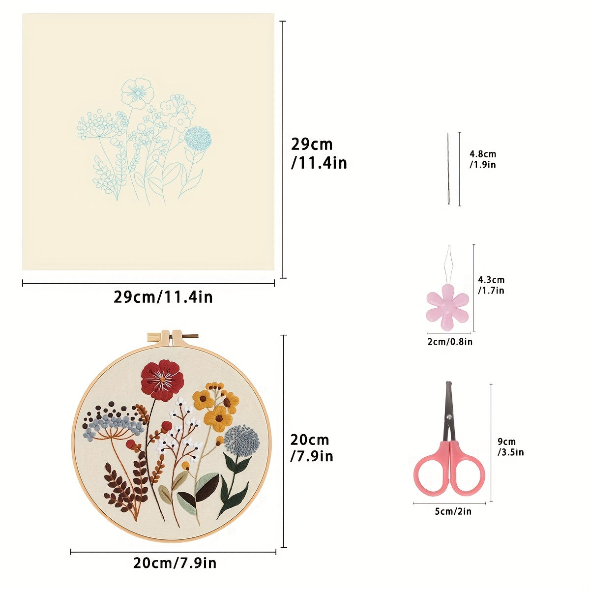 4-piece embroidery kit with floral pattern, hoops, floss threads, and needles, along with a 3-pack cross stitch kit for beginners.