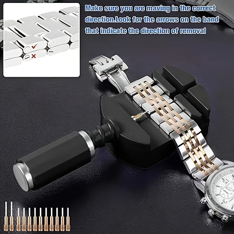 The Professional Watch Adjustment Set includes a 16-piece Stainless Steel Watch Link Removal and Band Sizing Tool Kit with a Plastic Body, ready to use with no assembly required.