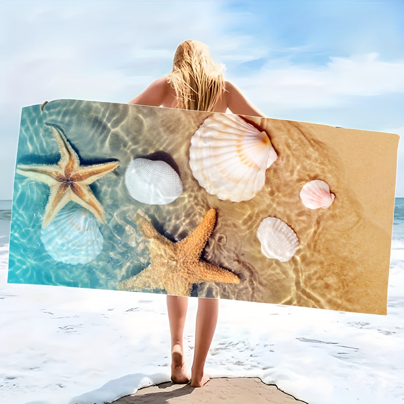 Soft, quick-dry beach towel with starfish and seahorse design. Sand-resistant, super absorbent microfiber. Ideal for pool, camping, yoga, diving. Tropical style in two sizes. Perfect for travel and yoga.