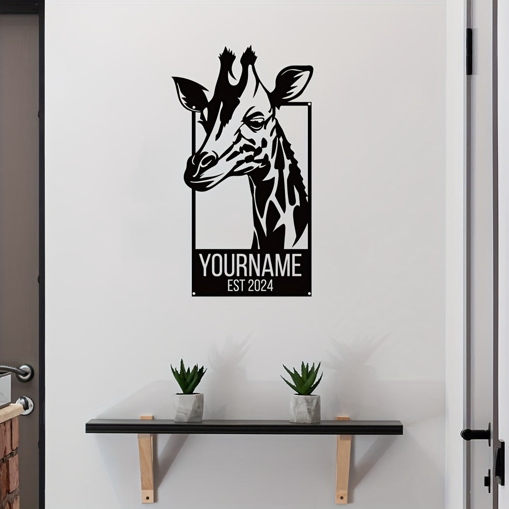 Customized Giraffe Metal Wall Art Sign - Personalized with Name and Year of Establishment, Stylish Indoor Decor Metal Plaque in Black, Suitable for Adults and Teens aged 14 and above.