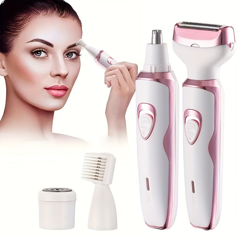 Women's electric razor kit with 4 functions: face, nose, legs, and bikini area shaving. USB rechargeable, painless design, suitable for wet/dry use. Portable with 500mAh lithium battery.