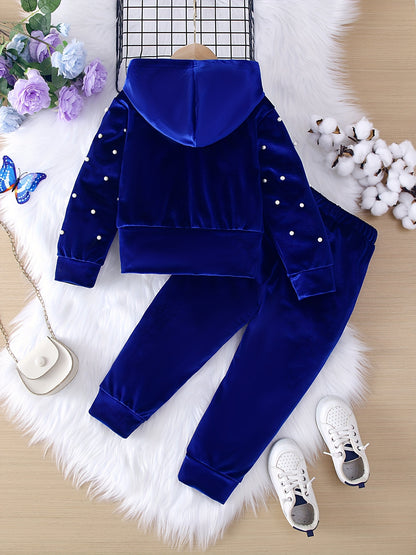 Velvet suit for girls, featuring a beaded zipper hooded jacket and trousers. Ideal for outdoor wear in spring and autumn, perfect for sports and casual occasions.