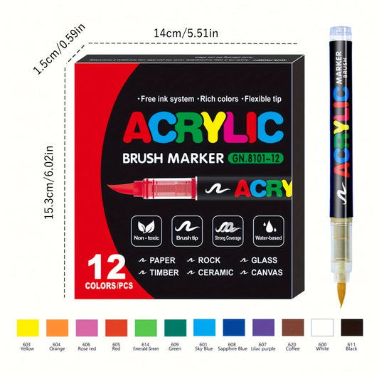 36-color Acrylic Brush Markers with Free Ink System, Flexible Tips - Ideal for Paper, Rock, Glass, Wood, Ceramic, Canvas - Great for DIY Crafts, Art Projects, and Decorations.