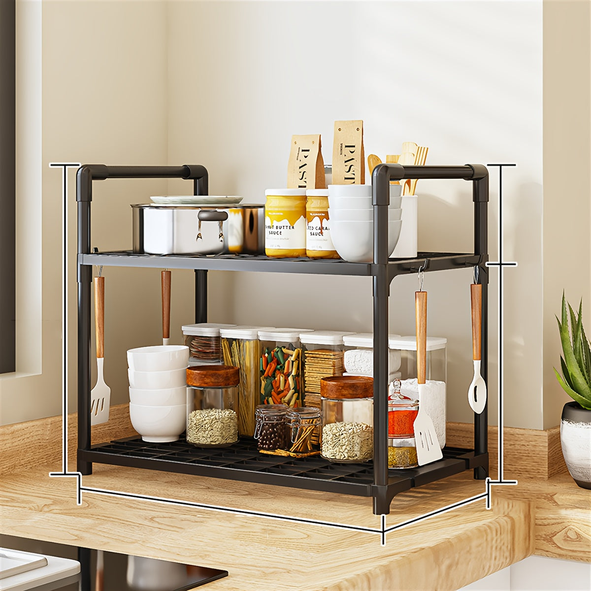 4-Tier Storage Rack Set with Versatile Uses - Simple Assembly, Constructed with Galvanized Metal & Plastic, Compact and Portable for Organizing Kitchen and Bathroom Items.