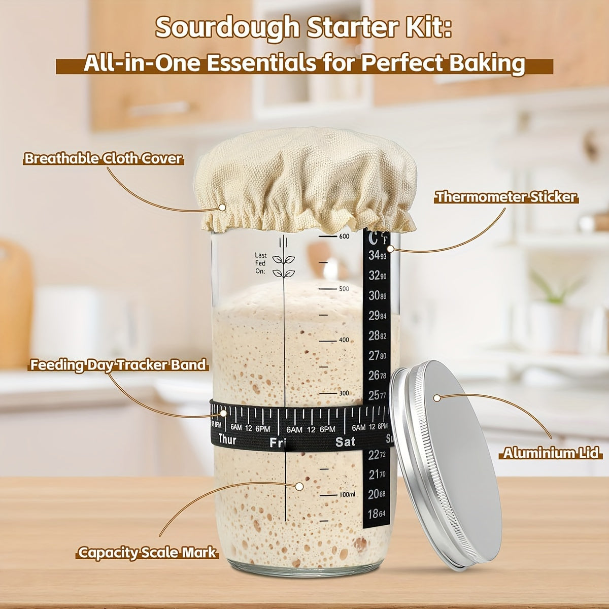 Sourdough Starter Kit Bundle: Includes 24oz Glass Jar with Date-Marked Feeding Band, Thermometer, Cloth Cover, and Metal Lid - Essential Home Baking Supplies