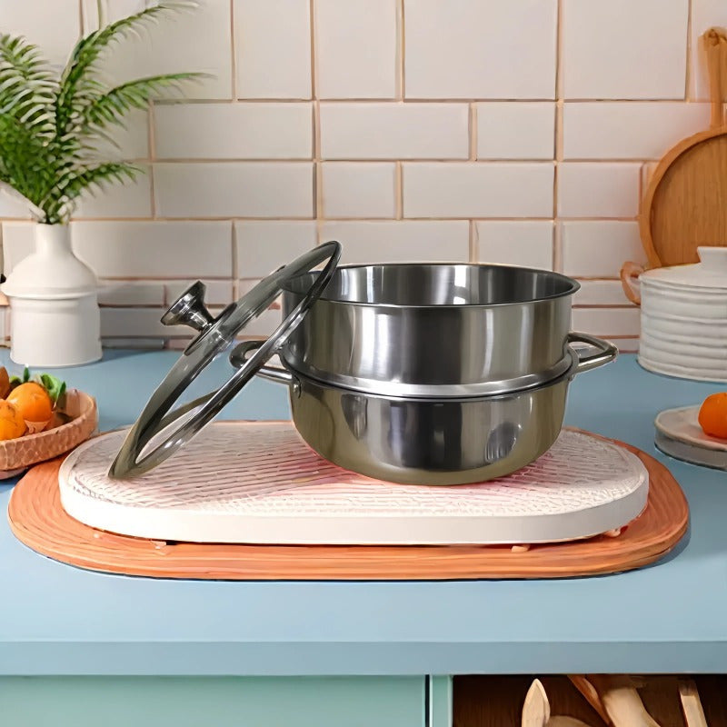 Large capacity stainless steel stockpot with honeycomb design, non-coated and non-stick, ideal for use as a double boiler or universal hot pot on induction cookers.