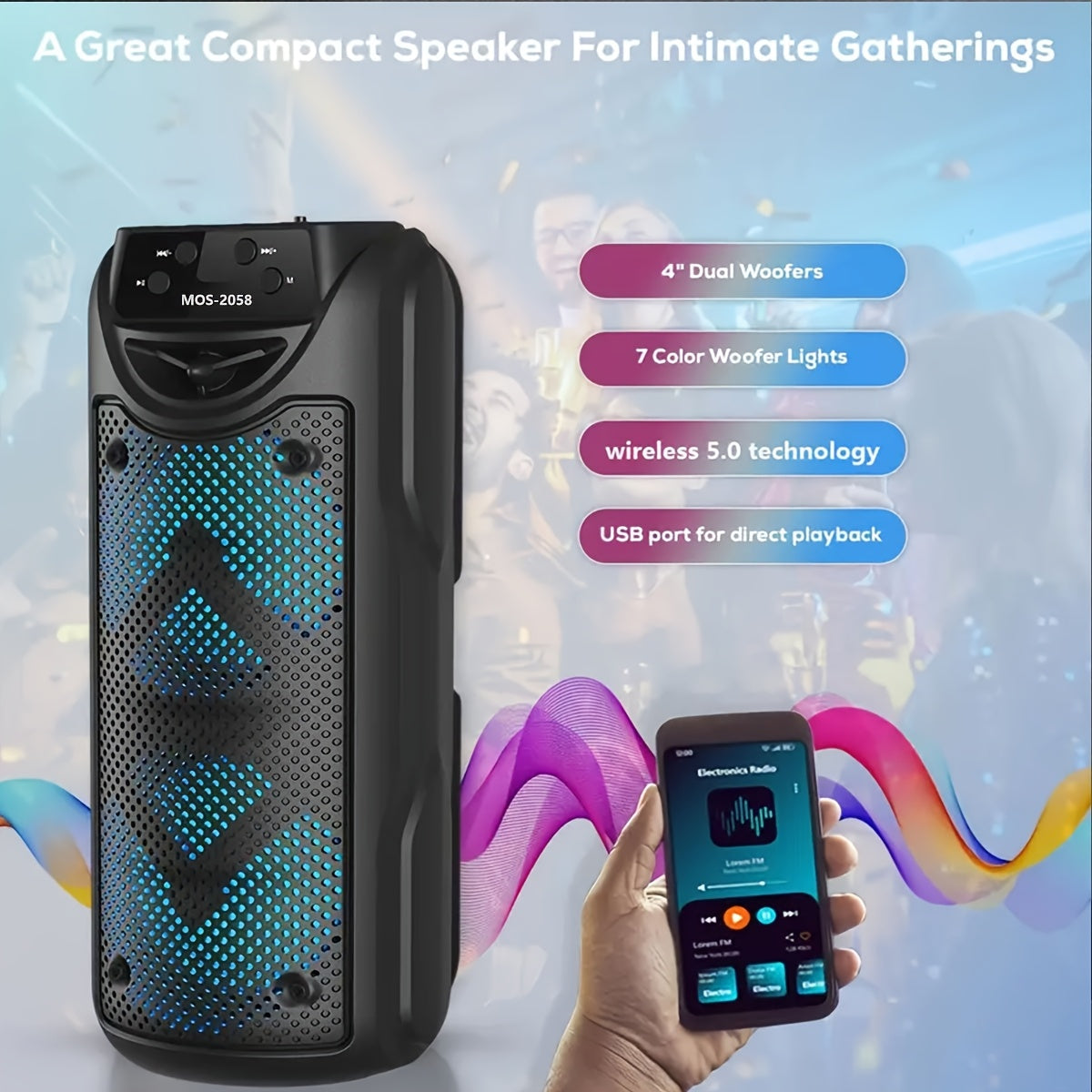 Portable wireless outdoor speaker with RGB lighting, USB & TF card support, high-capacity battery, stereo sound, button controls, ideal for camping & home parties, durable ABS resin