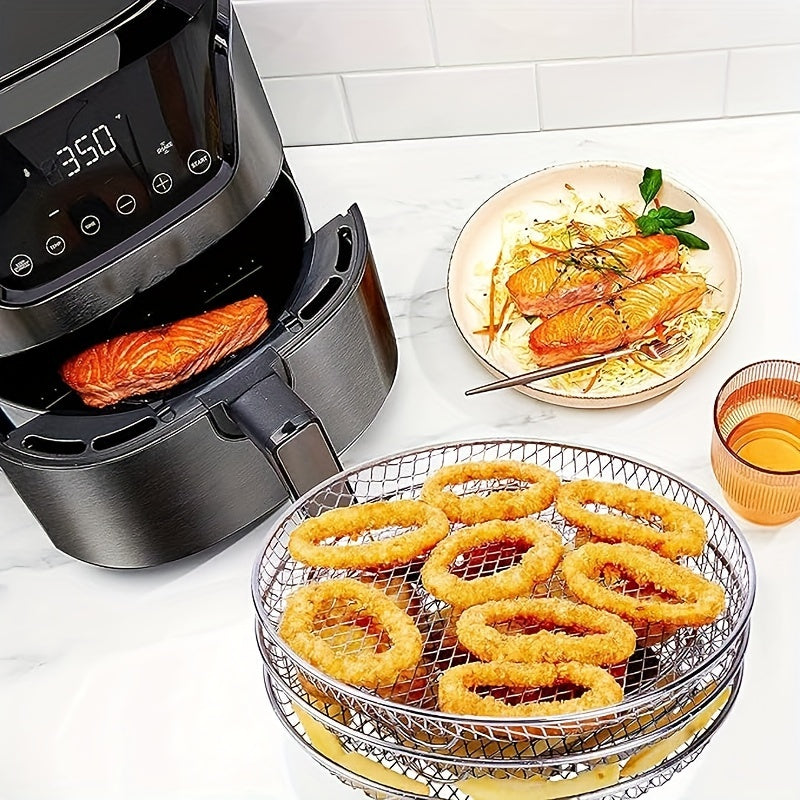 Set of 3 stackable multi-layer stainless steel dehydrator racks, set of 2 with 4 baking sticks, stackable air fryer rack, multi-purpose steaming and baking rack, cooling rack. Can be used as a dehydrator, baking rack, or deep fryer accessory. Perfect as