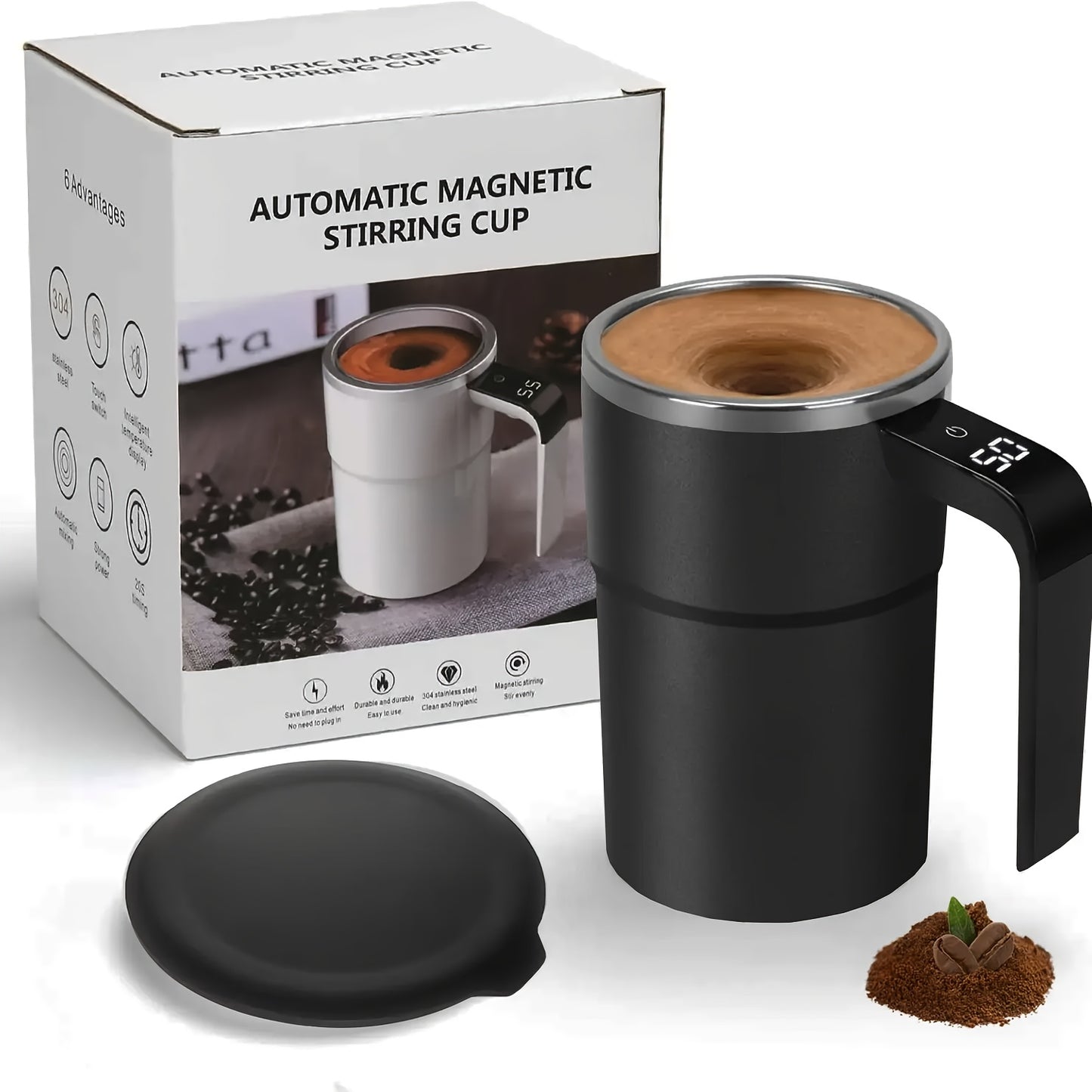 Portable 304 Stainless Steel Coffee Mug with Automatic Stirring and Temperature Display; USB Rechargeable for Home and Office Use.