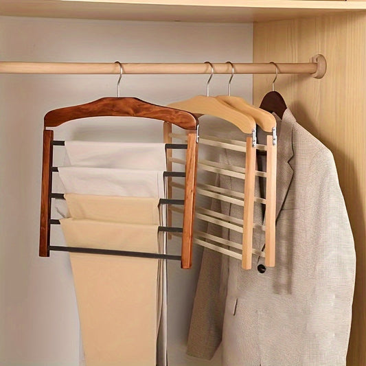 Wooden multi-layered hanger designed for hanging pants, hats, scarves, and belts. Features a no-mark hanging system and serves as a closet organizer for both home and dorm use.