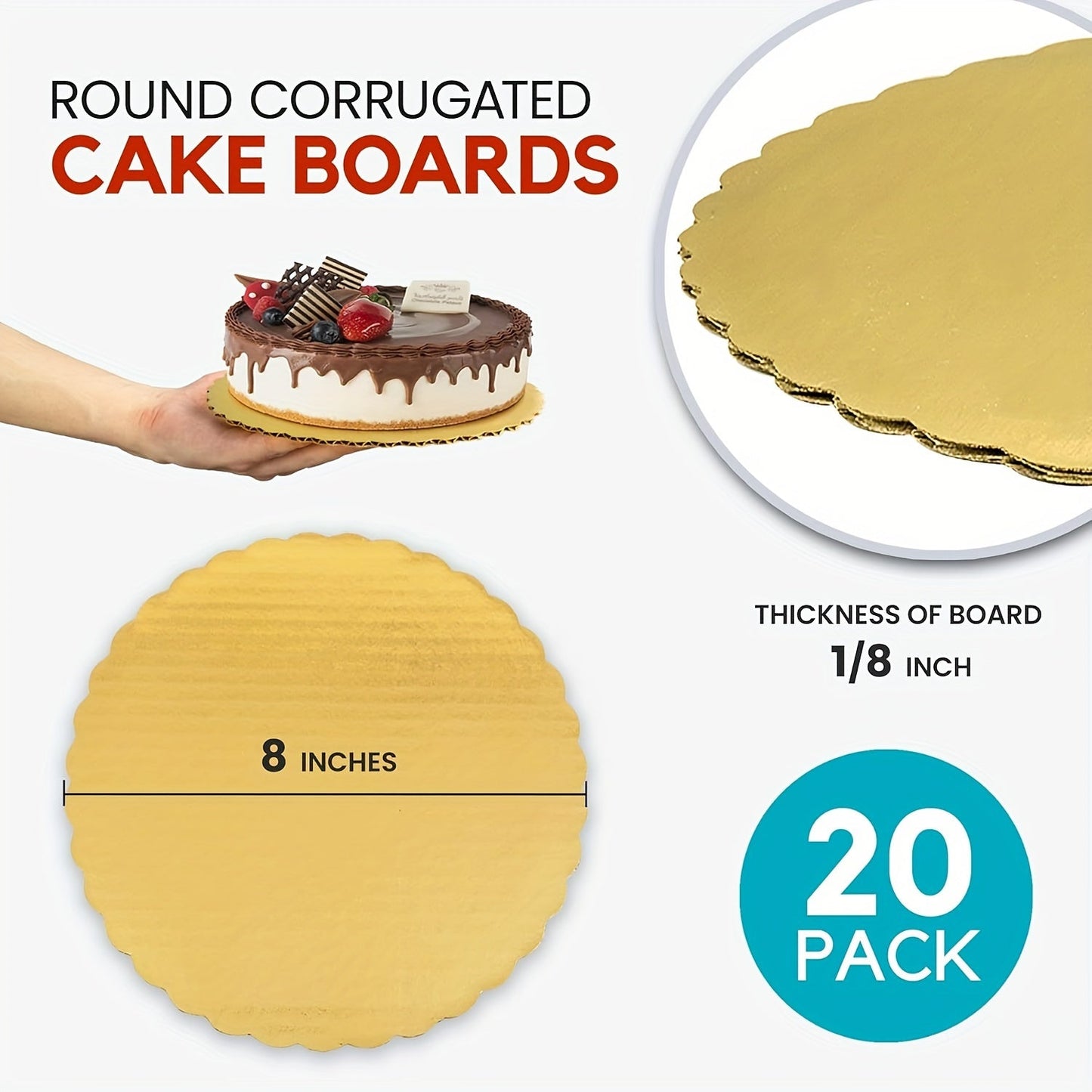 20 pieces of Cake Golden Cardboard Disposable Cake Bottoms in sizes of 15.24/20.32/25.4/30.48 cm. Perfect for displaying desserts and pastries, these pizza circles are grease proof and moisture resistant. Ideal for Christmas, birthdays, and weddings.