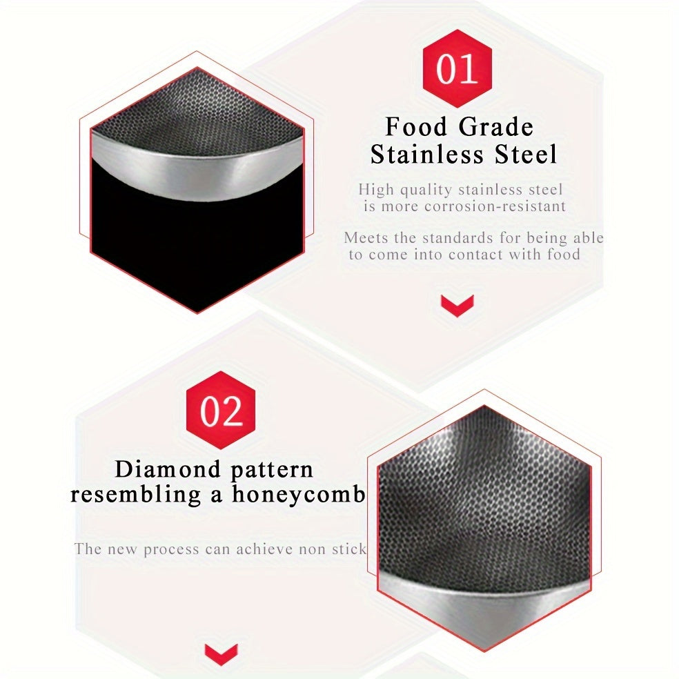 One high-quality stainless steel honeycomb wok with a reinforced glass lid - features non-stick, food-safe cast iron and a standable design for convenient storage.