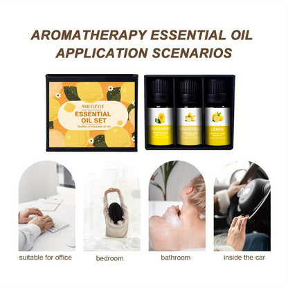 1 Set of Aromatherapy Essential Oils: Bergamot, Grapefruit, and Lemon scents, for diffusers, humidifiers, and car aromatherapy. Mood-lifting, under 1L liquid quantity, with active lemon