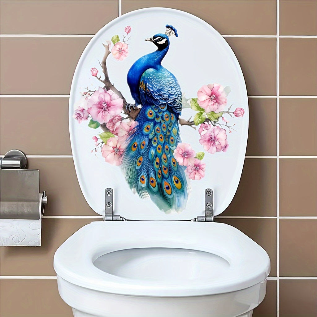 Self-adhesive PVC stickers for decorating bathroom walls, windows, and appliances with a peacock theme.