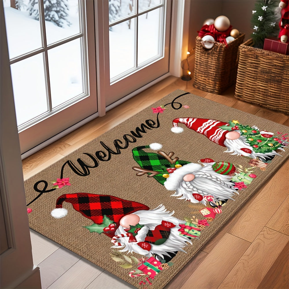 Celebrate the Holidays with This Festive Christmas Gnome Welcome Doormat! Made from Durable 100% Polyester, this 6mm Thick Mat Features Three Adorable Gnomes with Seasonal Charms. The Non-Slip Rubber Backing Keeps it Securely in Place, and it's Machine