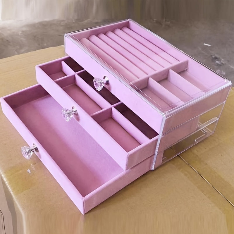 3-drawer acrylic jewelry organizer with velvet-lined drawers and dustproof transparent design. Ideal for rings, necklaces, earrings, and bracelets.