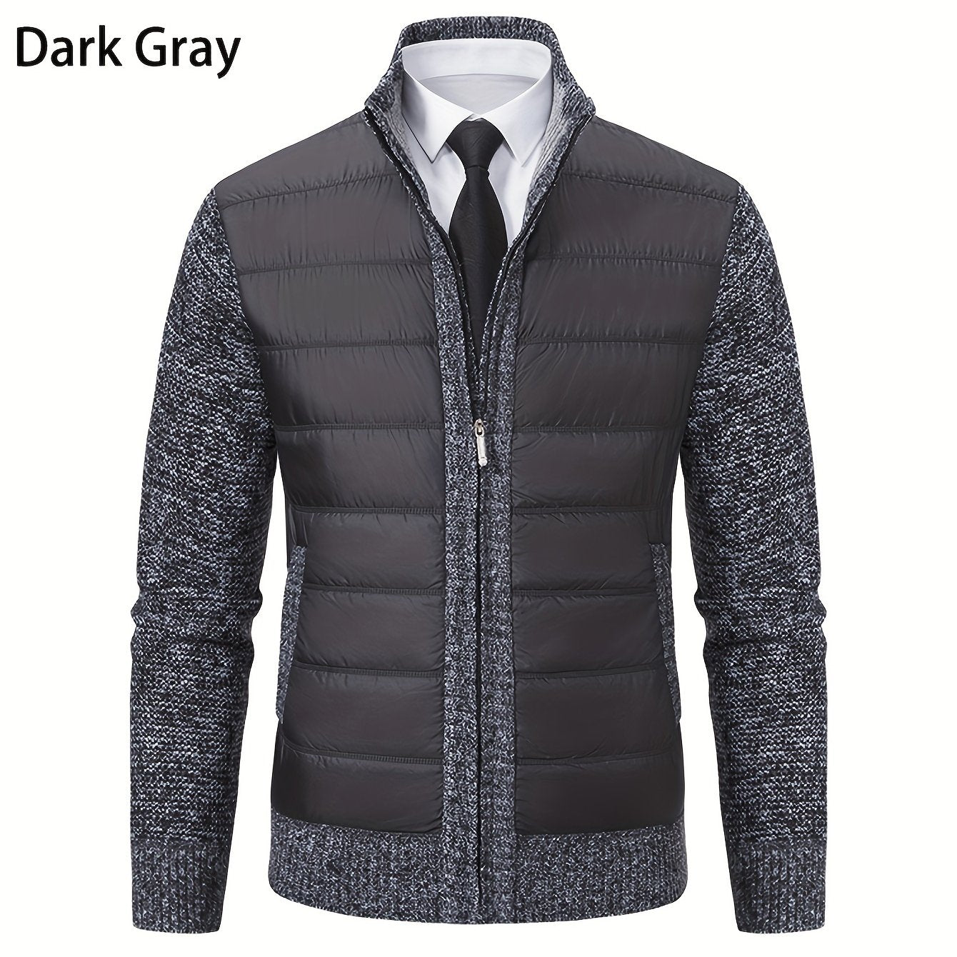 Men's casual knit jacket in 100% polyester with long sleeves and a mandarin collar. Solid light gray color with slight stretch and regular fit. Features woven placket, perfect for hiking