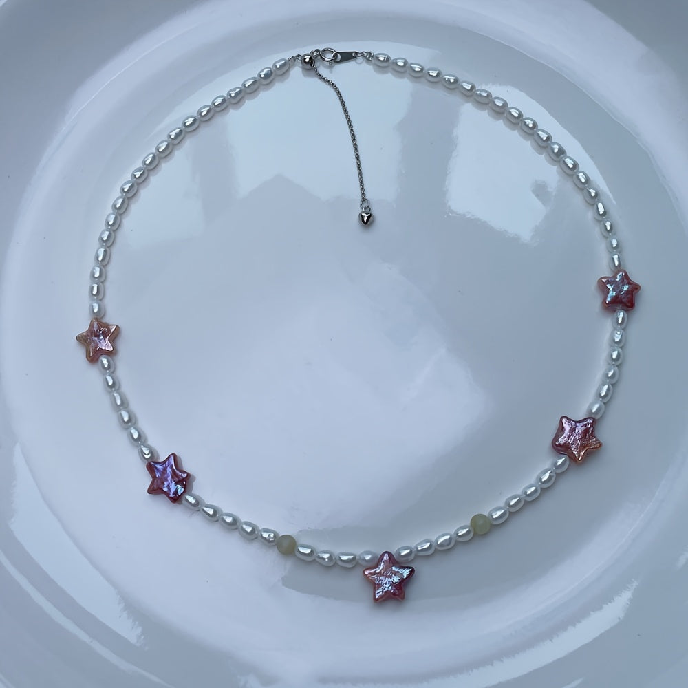 925 Sterling Silver Clavicle Chain with Purple Baroque Star Pendant and Bohemian Freshwater Pearl Necklace - Perfect for Valentine's Day Gift and Casual Outfits, Featuring Small Pearls