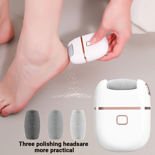 USB rechargeable electric foot file with 3 interchangeable heads for smooth feet, faux leather polishing, and cracked skin care.