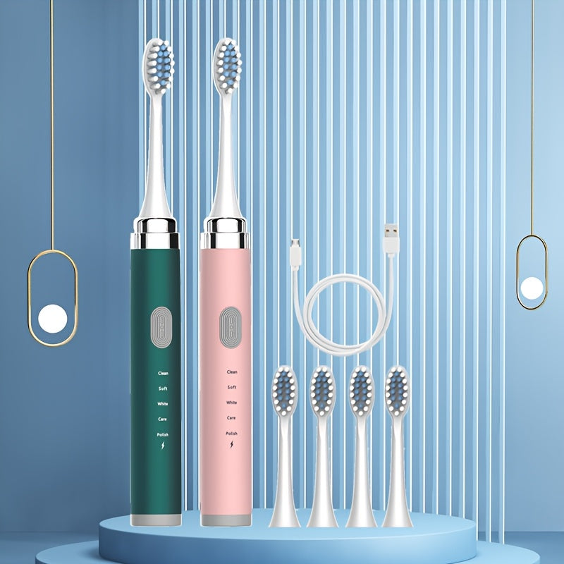 Electric Toothbrush F1-QL-6-C, 2pcs with 5-speed settings, USB interface, and replaceable ultra-soft brush head for whitening and gentle care.