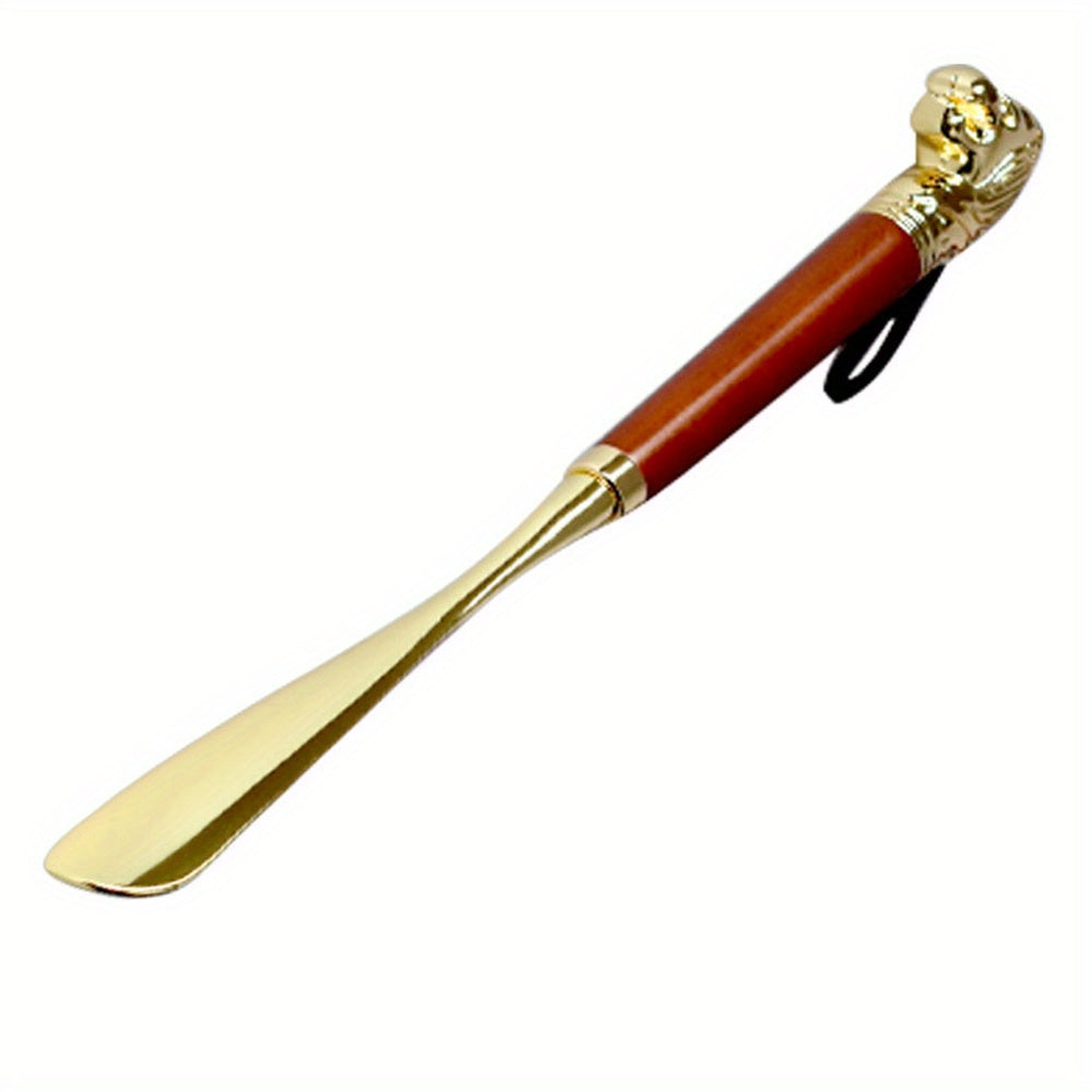 MEGICOT Long Handle Lion Head Shoe Horn is a durable and stylish shoe helper designed for seniors and disabled individuals. Made with zinc alloy metal and ergonomic wooden handle, it is the