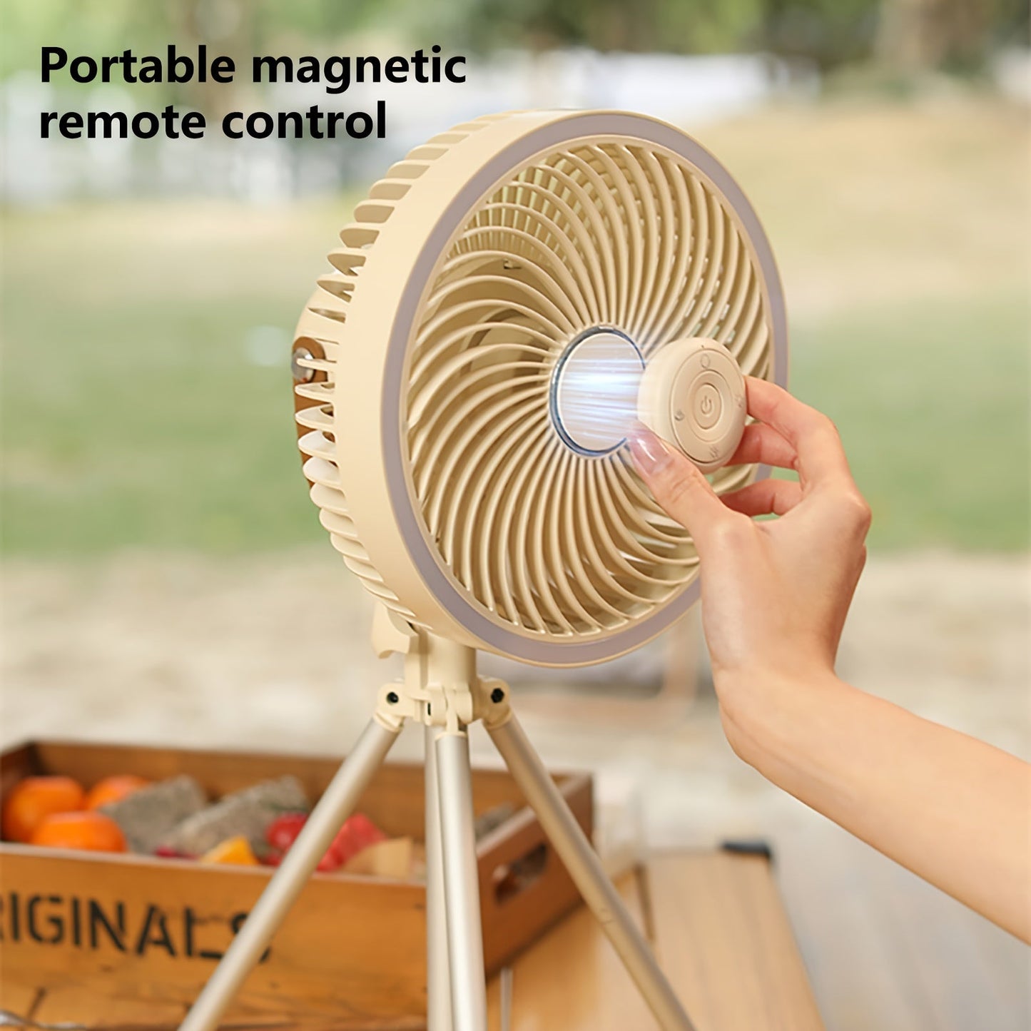 Portable tripod stand fan with LED light, 4000mAh battery, 4 wind speeds, 2 light settings, telescopic adjustment, lightweight design for use at home, camping, and outdoors. Made of ABS material, perfect household gadget and great for gifting on