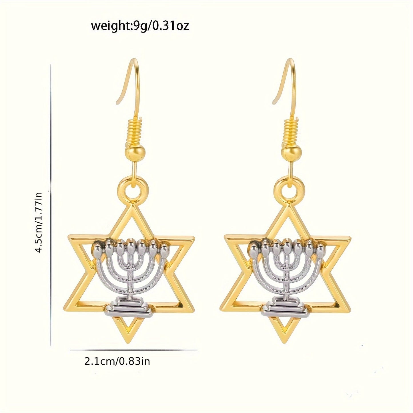 Pair of Elegant Drop Earrings featuring Vintage Style Jewish Star of David with Menorah Design, Made of 14K Gold Plated Zinc Alloy, Stainless Steel Hooks, Perfect for Daily and Party Wear