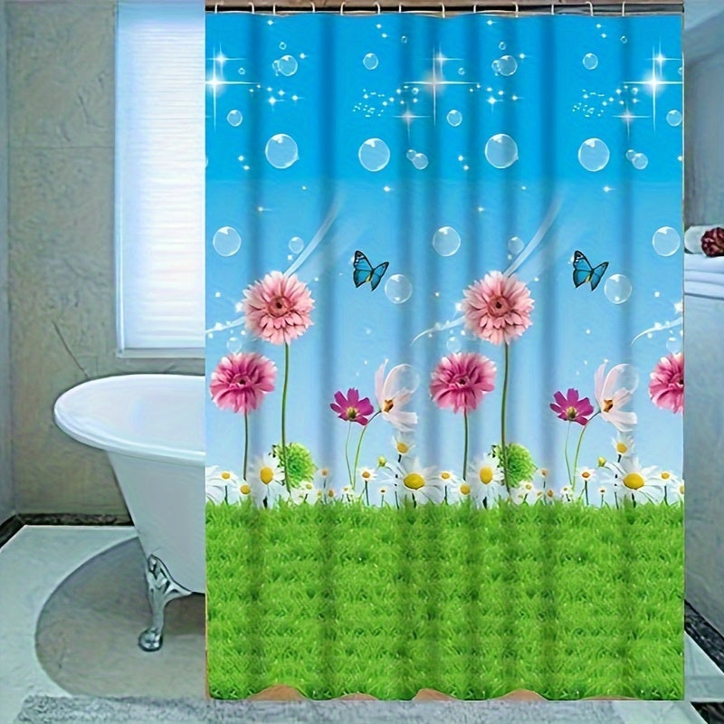 1pc PEVA Bathroom Shower Curtain with 12 free hooks, waterproof, anti-fouling, no punching required.