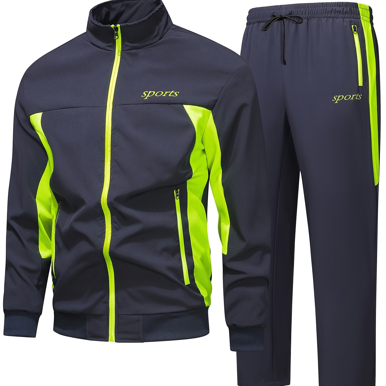 Men's color block sports tracksuit set with zipper jacket and pants - machine washable and dry cleanable.