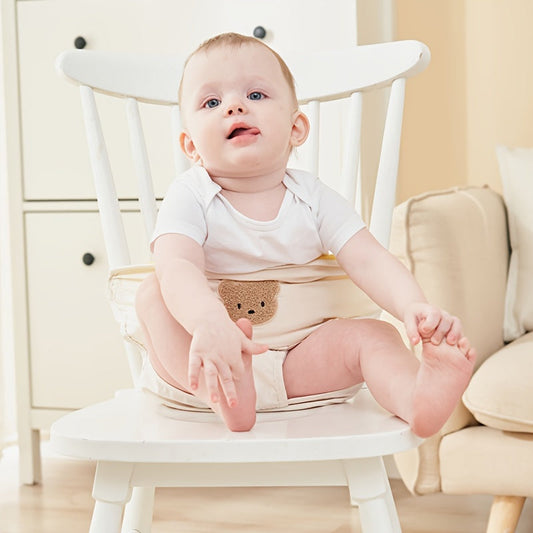 Safety harness for young children in high chairs, made of latex-free polyester in various colors (orange, ivory, pink, green) for added protection and security during meal times.