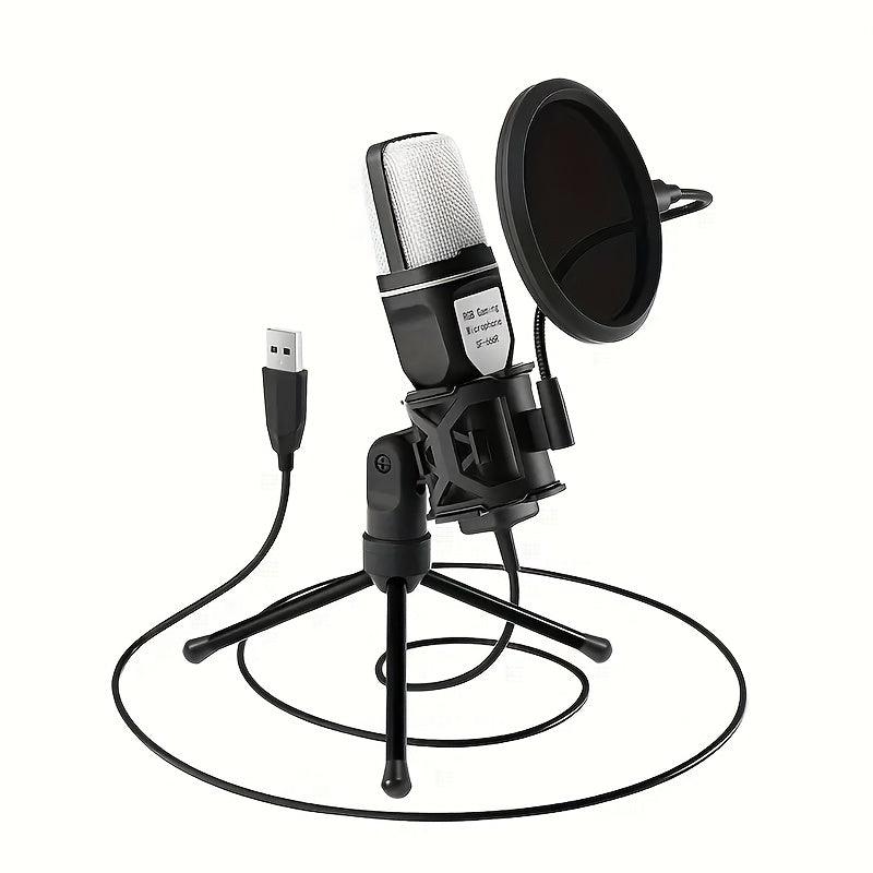 USB condenser microphone with fast mute function, tripod, RGB indicator light, shock absorber, and rotary gain button, ideal for gaming, podcasting, and streaming on PS4/5 or PC.