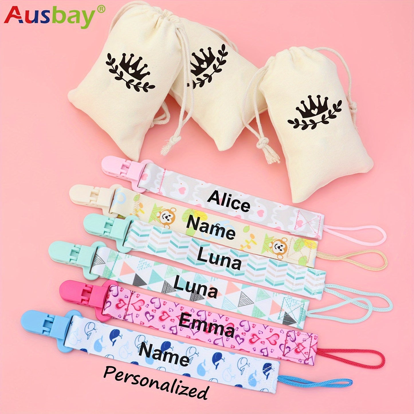 Set of 3 Personalized Soothing Item Clips with Custom Names, Chain Clips and Gift Bags for Youngsters, Handmade Shower Gift Set for Youngsters