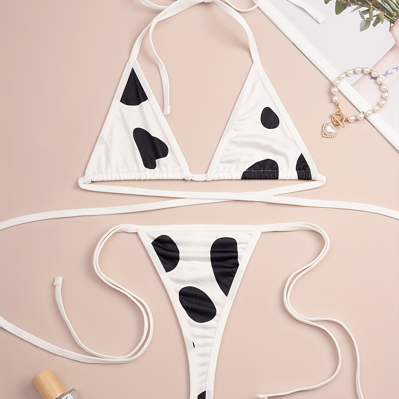 Cow print halter neck lingerie set