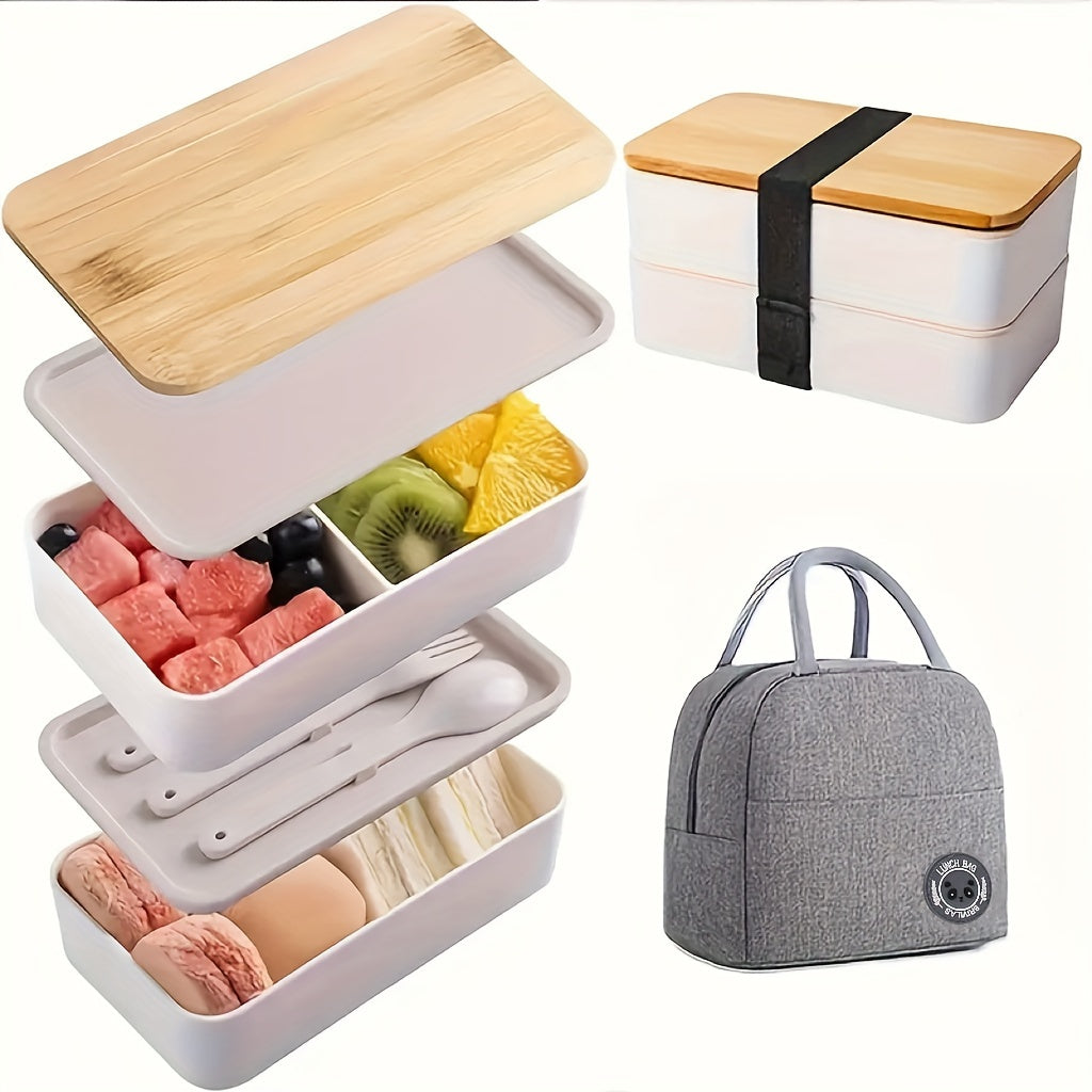 Single Set Bento Lunch Box with Insulated Bag, Microwave Safe, Leakproof Plastic Containers with Bamboo Lids, Adjustable Dividers and Utensils, Perfect for Work, Picnics - Christmas Gift Packaging Included