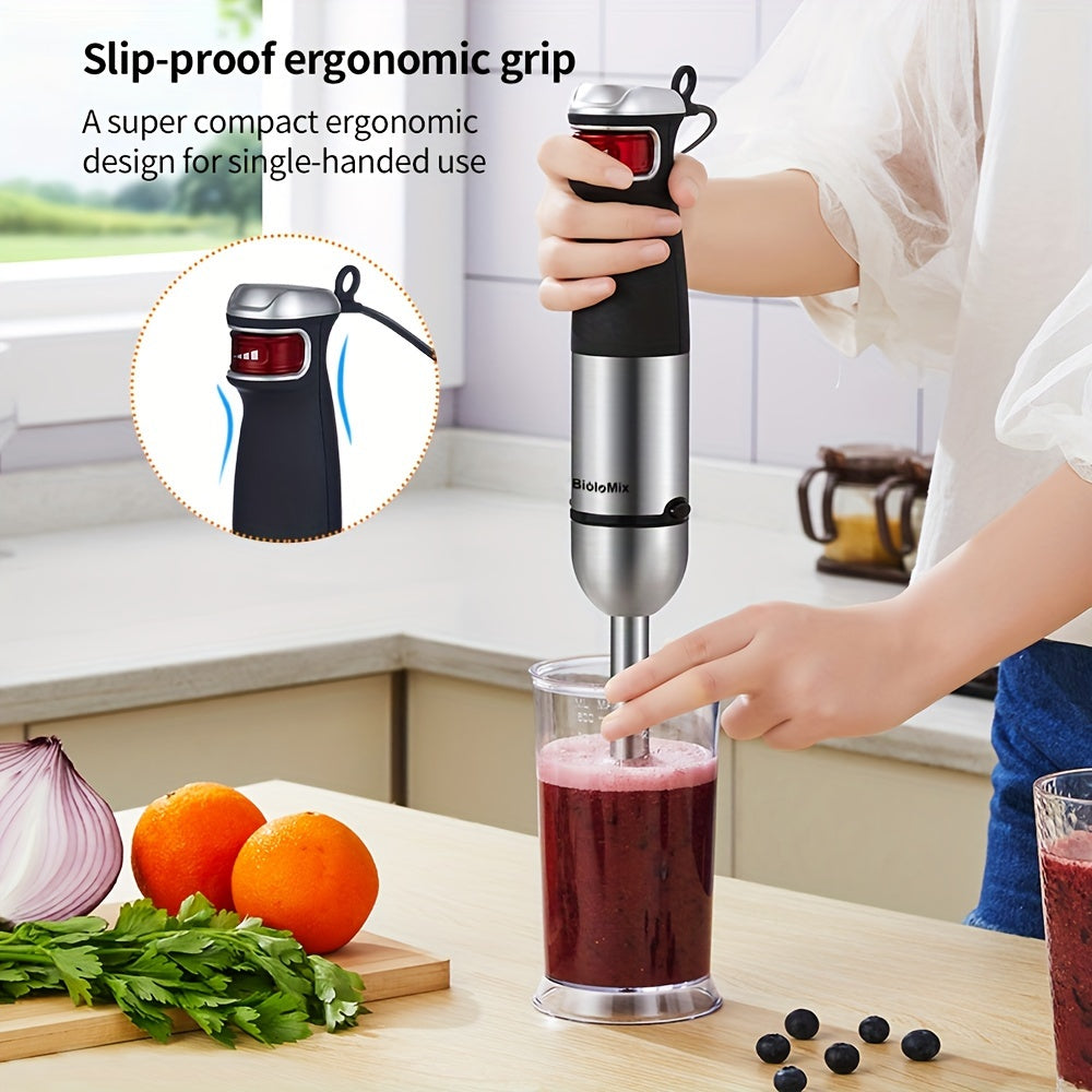 BioloMix 5-in-1 Immersion Hand Blender Set with 1200W motor, includes food processor, chopper, meat grinder, whisk, and milk frother. Comes with 600ml measuring cup, 800ml chopping bowl