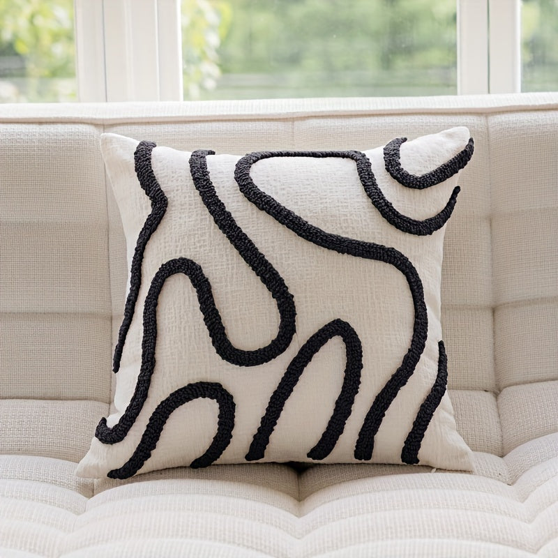 Bohemian style throw pillow cover made of soft plush chenille with reversible geometric stripe pattern, hand washable, zipper closure, polyester material, for home sofa patio bench decor. Insert not included.