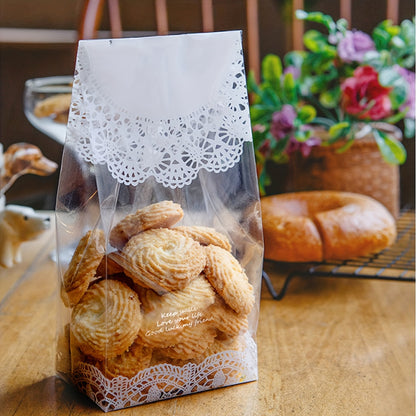 50 reusable produce bags with white lace pattern for food packaging. Features a window for easy viewing, leak proof design for storage, and perfect for kitchen organization and accessories.