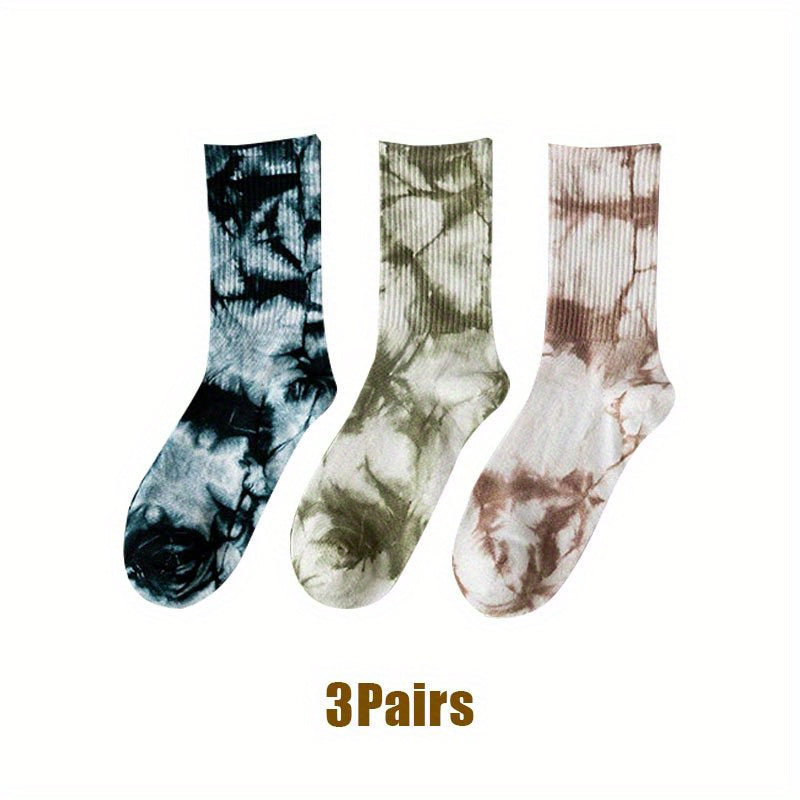 Three pairs of tie dyed men's socks with a trendy design, suitable for street skateboarding and hip-hop style, great for couples or sports.