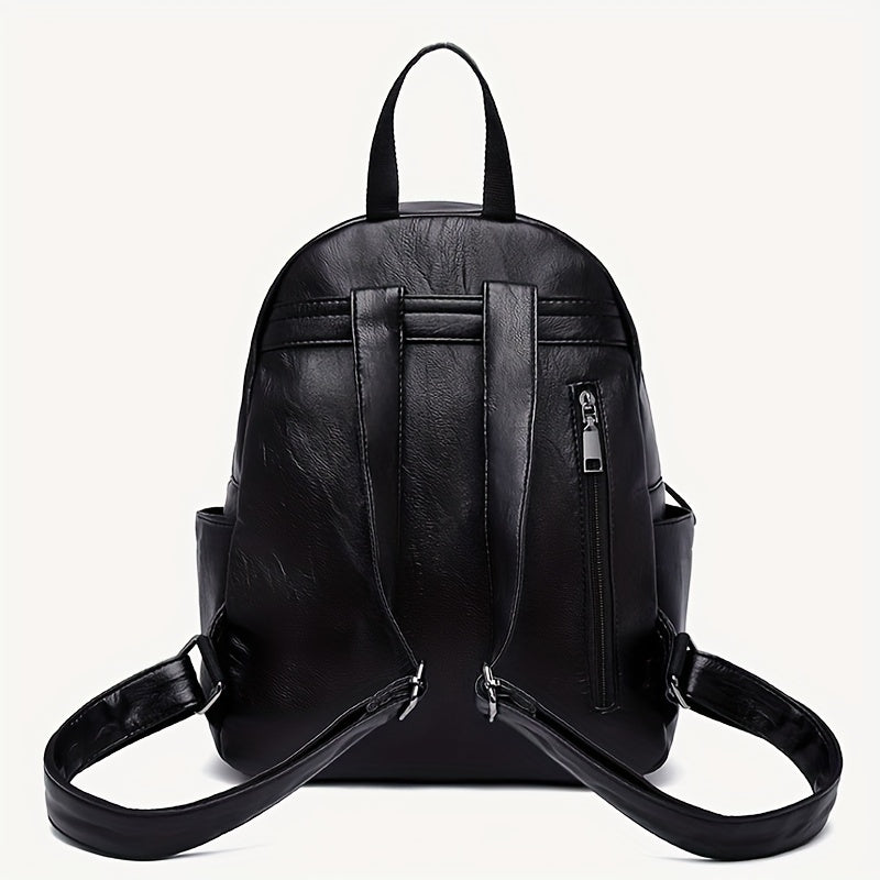 Vintage Faux Leather Backpack for Women with Large Capacity, Black Travel Bagpack and Storage Bag