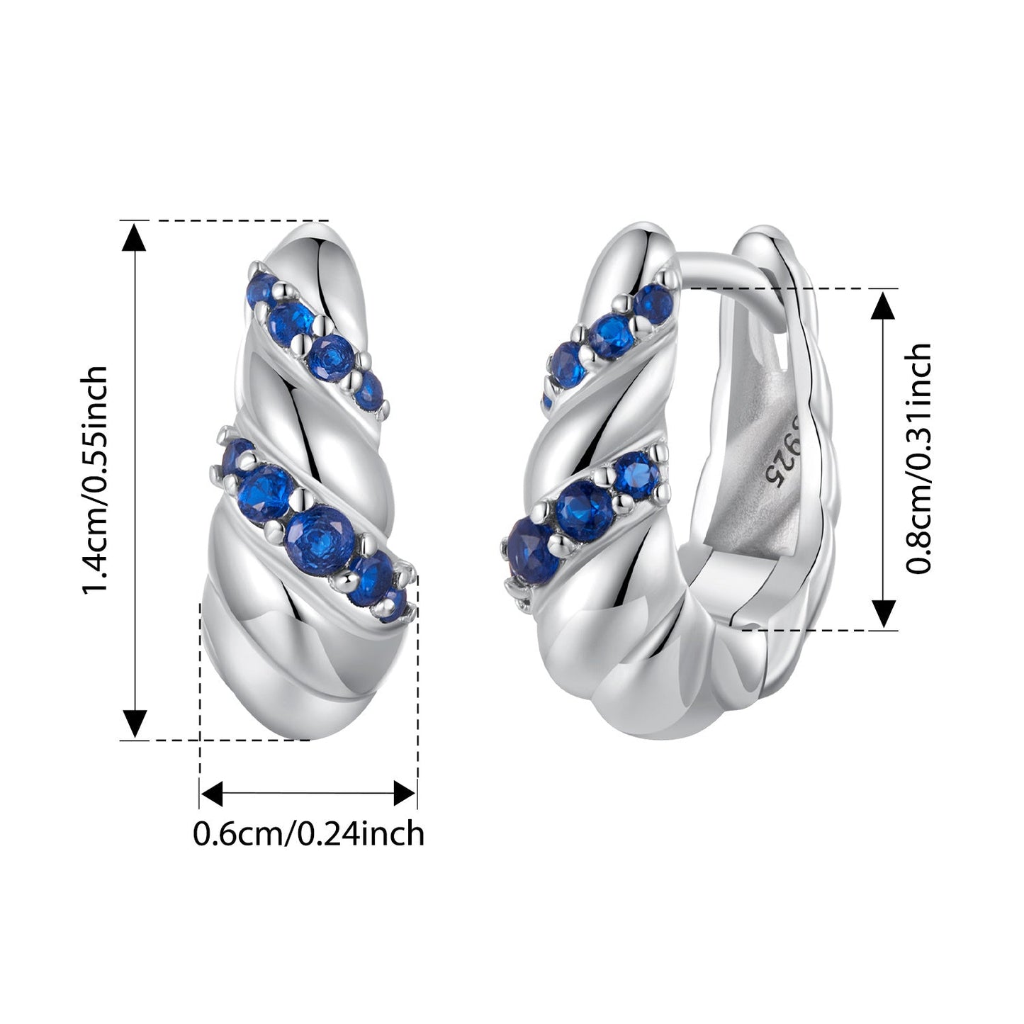 925 Sterling Silver Hoop Earrings - Blue Twisted Design with Synthetic Zirconia, Ideal for Music Festival, Party, or Everyday Wear - Luxury Pair for Allergy-Free Sparkle