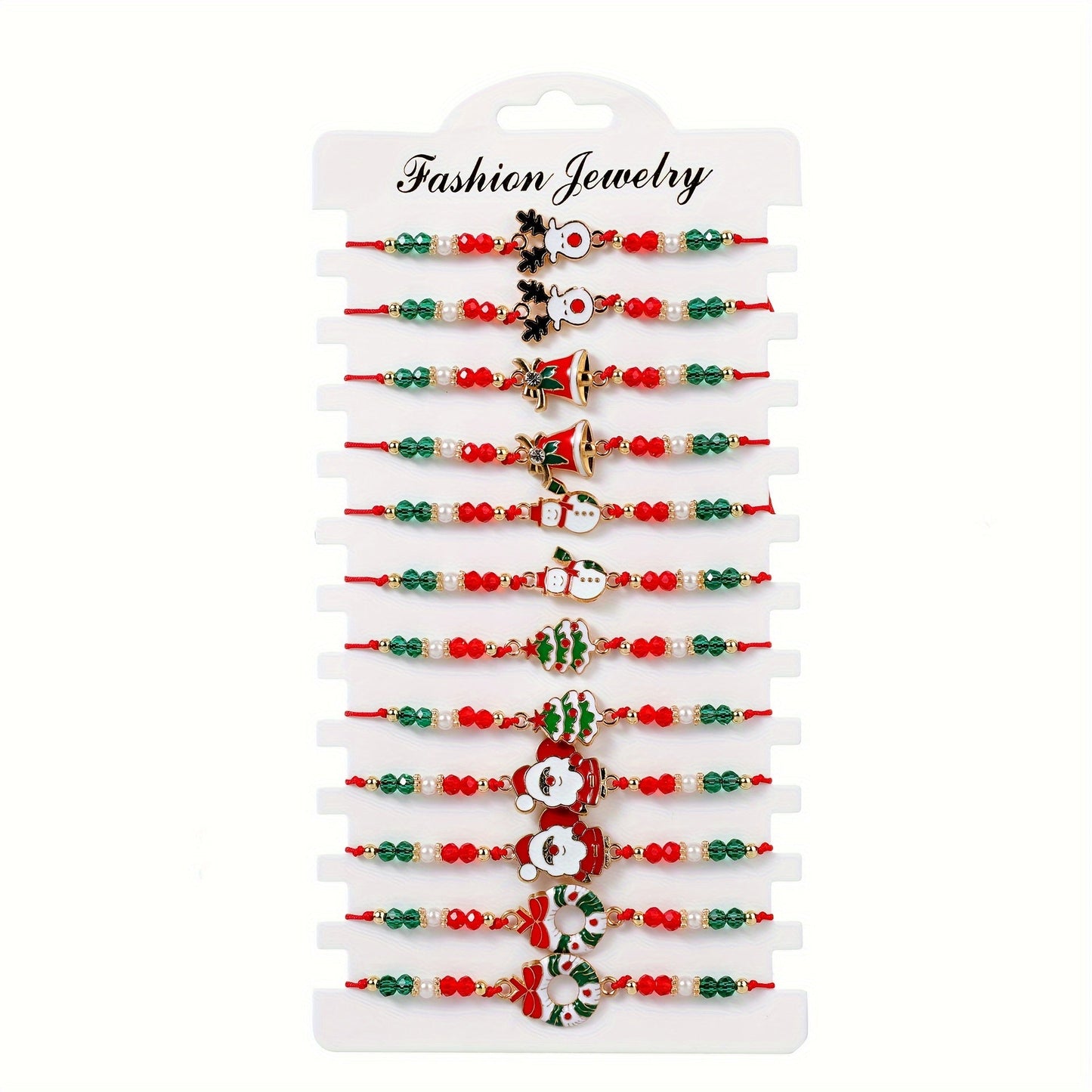 Holiday season Charm Bracelet Set featuring Santa, Reindeer, and Bell Designs with Natural Beads - Ideal for Couples, Men, Women, and Youngsters. Includes Holiday Tree and Woven styles. Contains 12 pieces.