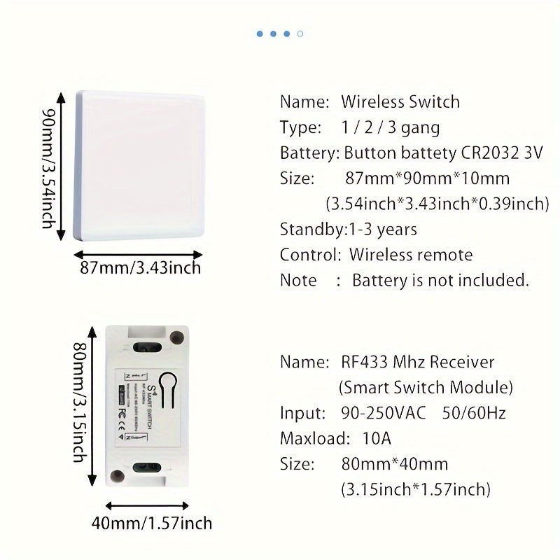 Wenzhi Smart Wireless Switch for Home Lighting Control, Compact Design, 1/2/3 Gang, RF 433 MHz Remote Control, White/Gray, 110V/220V, Up to 6 Devices, 20-30 Meter Range.