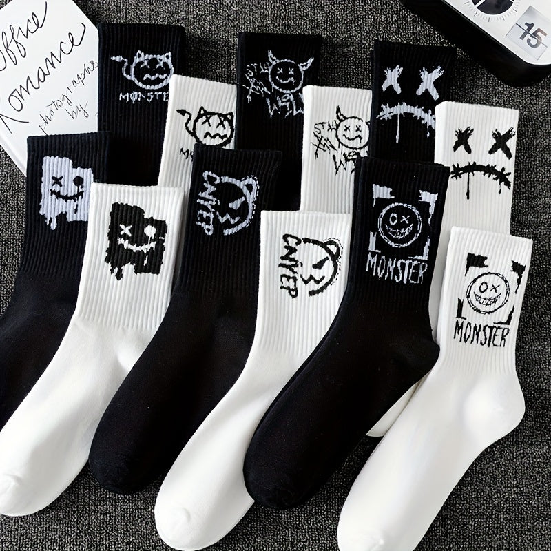 Men's trendy graffiti crew socks, 3/5/8/10 pairs, breathable and comfy for outdoor wear