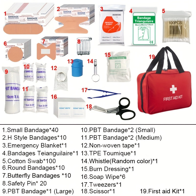 Luxury First Aid Kit (200/210pcs) in Red, with Scissors and Essential Items for Hunting, Hiking, and Camping Emergencies