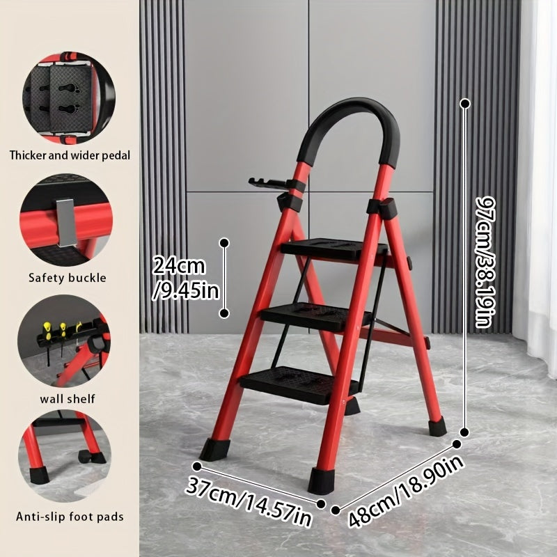 Portable step stool with folding carbon steel ladder, non-slip rubber handle and feet, for home use.