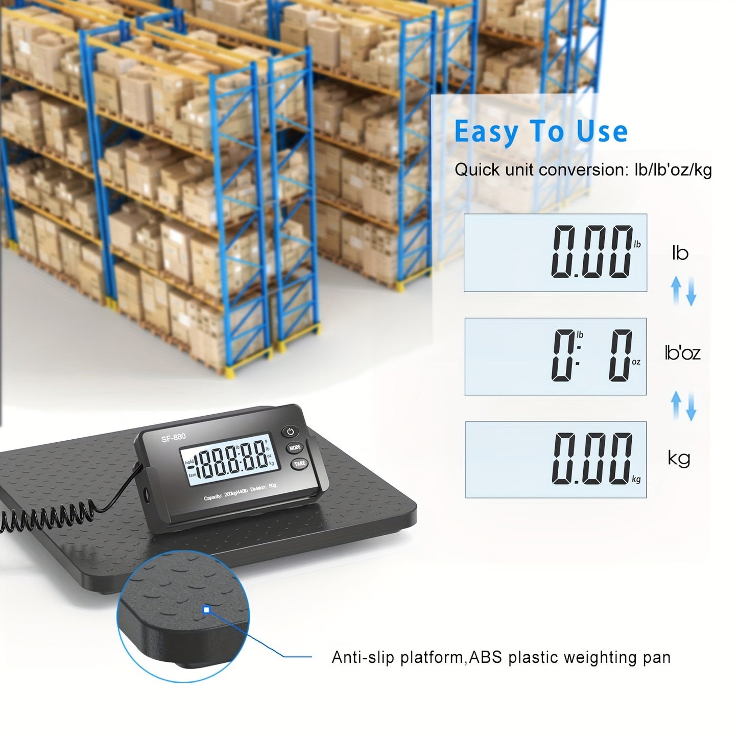 SF-880 Digital Postal Scale: 199.58 KG Capacity, ABS Platform with Anti-Slip Base, Large LCD Display, High Precision Sensor, Auto Zero/Power Off, Multi-Unit Mode, Includes 4 AA Batteries