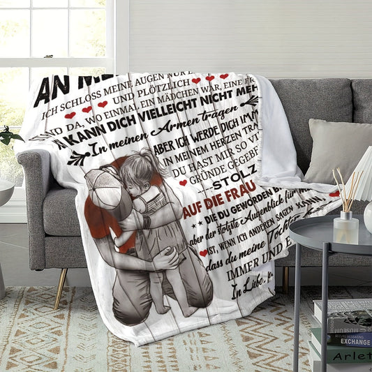 Modern Flannel Throw Blanket featuring a heartfelt message from Dad to Daughter - 1 soft and cozy throw blanket with a unique German message, perfect for use at home, in the office, while camping or traveling. This versatile fleece throw is digitally