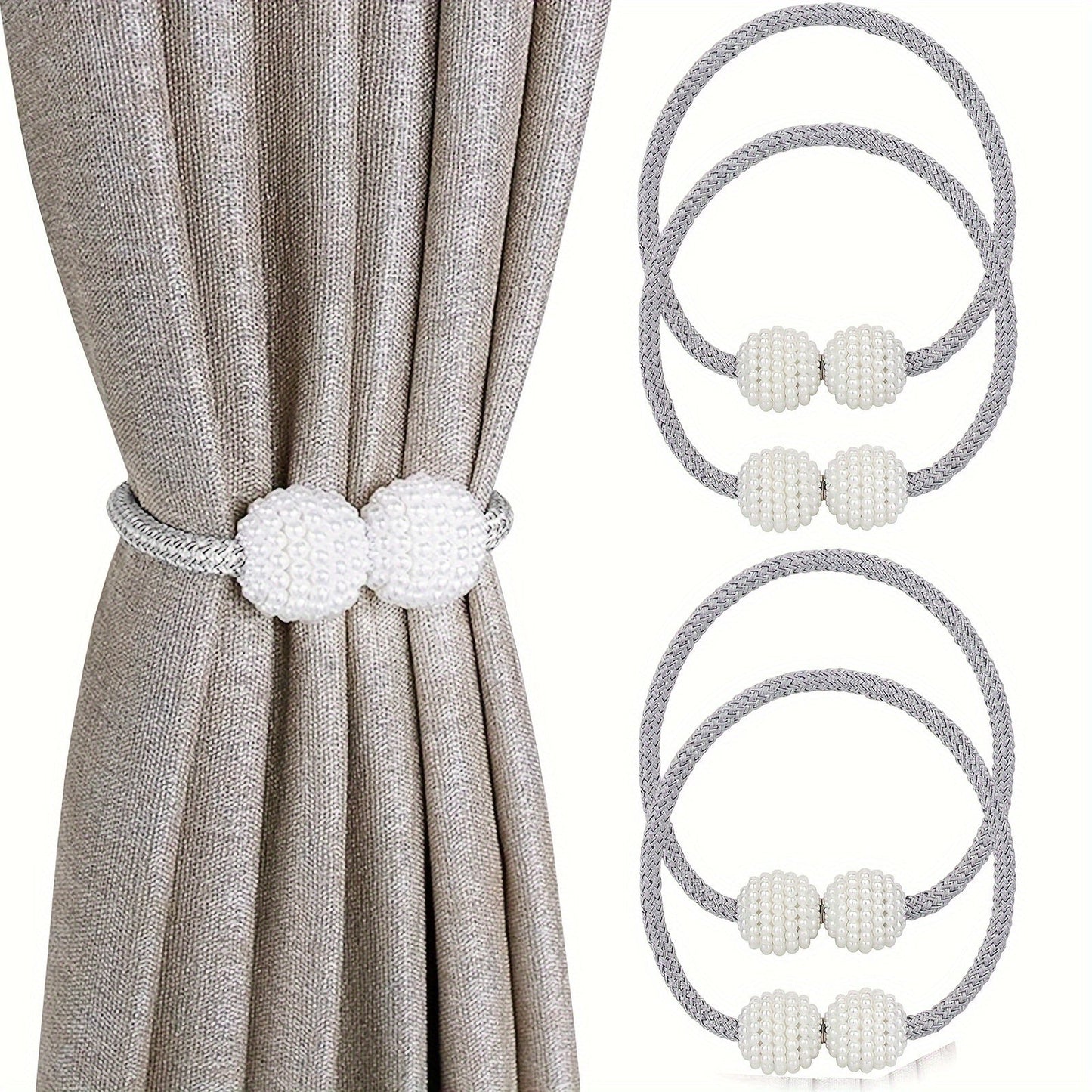 Enhance your home decor with this set of four magnetic curtain tiebacks featuring artificial pearl ball decoration. Made from contemporary style polyester weave rope, these tiebacks are perfect for securing drapes in both the bedroom and living room.