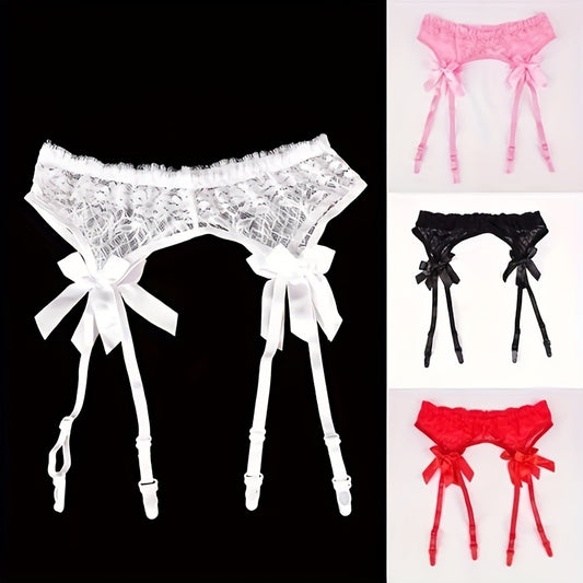 Stylish lace garter belts with clips and mesh suspenders for thigh-high stockings, featuring cute bow detail in solid colors.