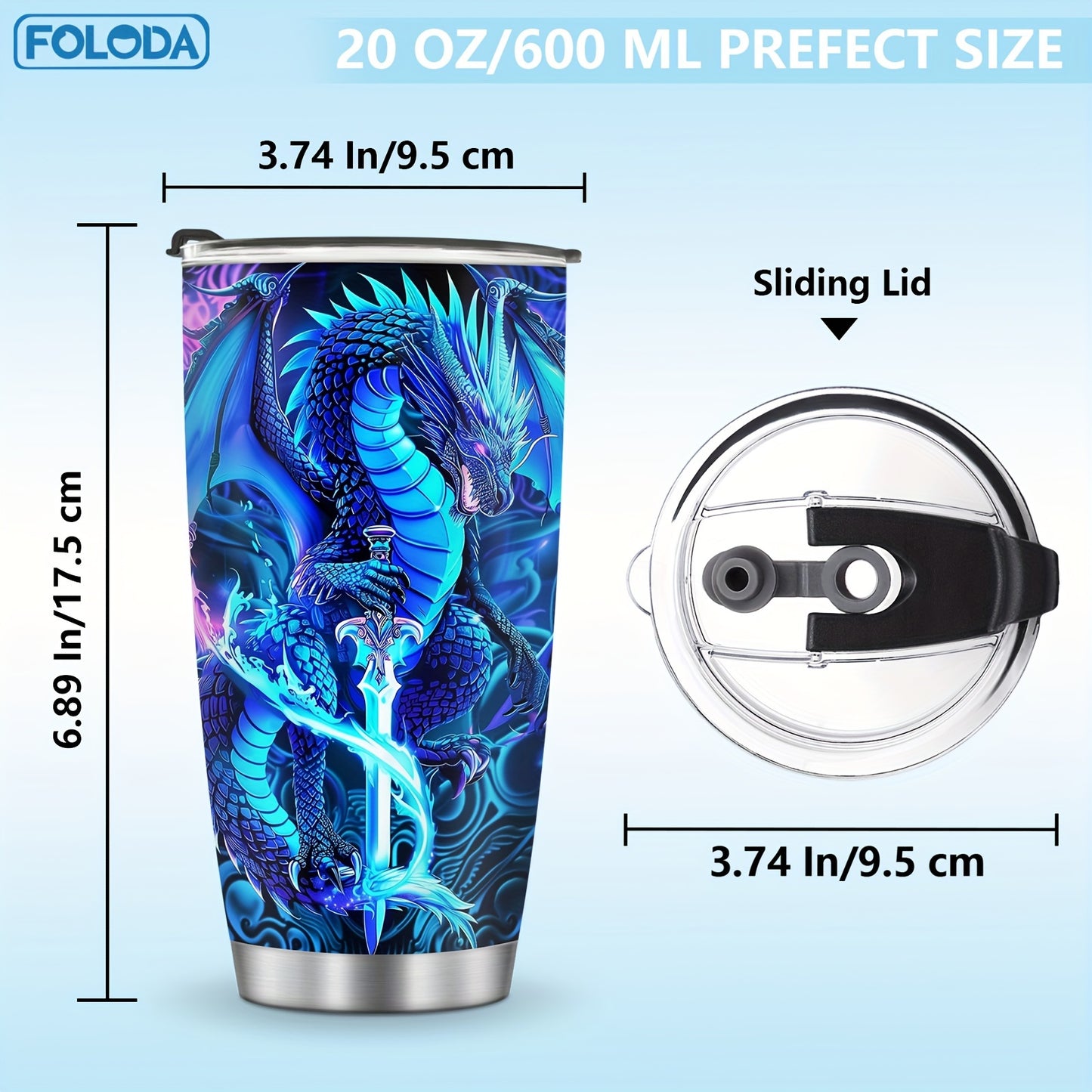 20oz stainless steel tumbler with dragon fairy tale design, ideal for outdoor activities and holidays.